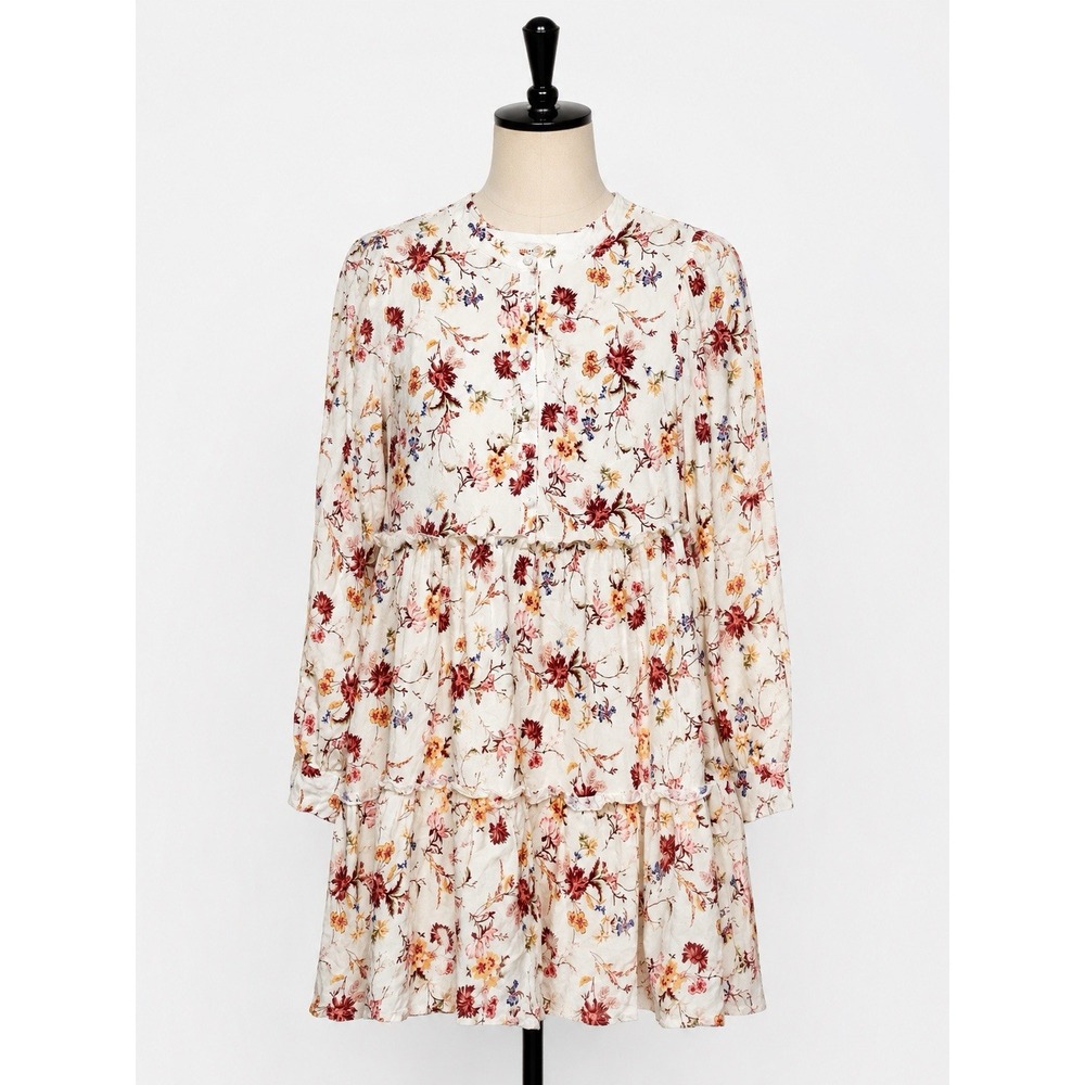 Penelope Rose Floral Tiered Babydoll Mini Dress Ivory Boho Women's L Cottagecore